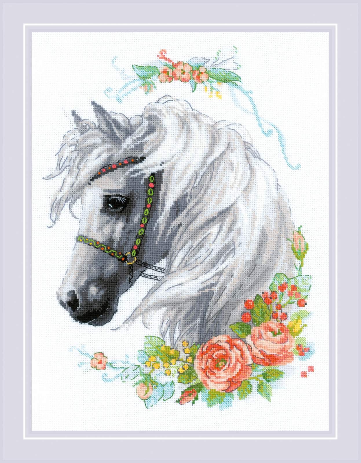 White Mane and Roses cross stitch kit by RIOLIS Ref. no.: 1804